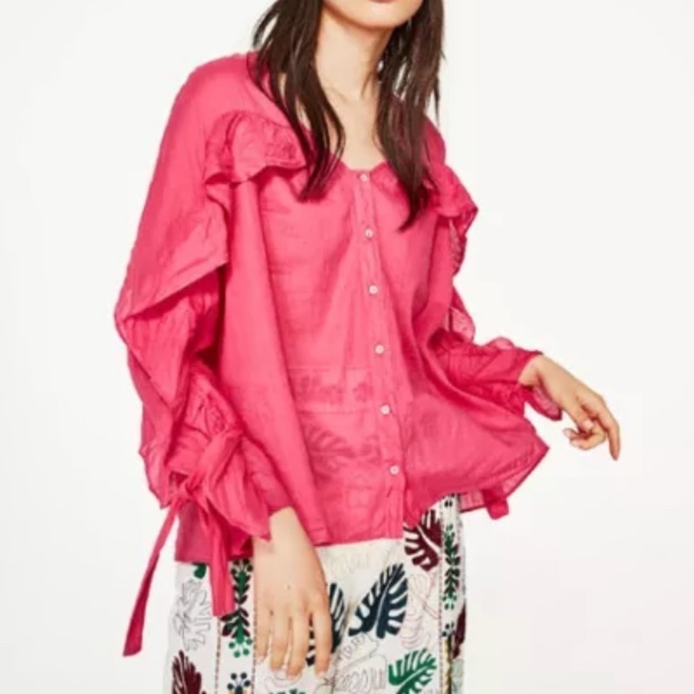 ZARA Pink Ruffle Ramie Blouse Size S NEW